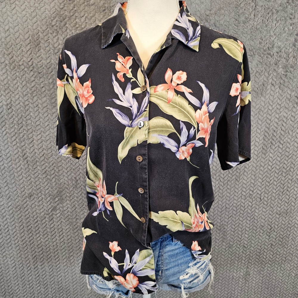 NEXX 100% Silk Tropical Floral Button Down Shirt Black Short Sleeve Mens Medium‎